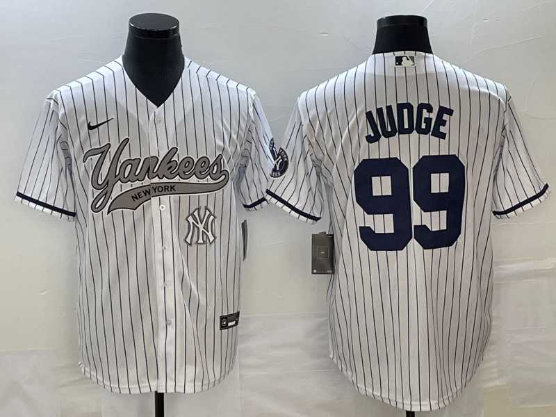 Men%27s New York Yankees #99 Aaron Judge White With Patch Cool Base Stitched Baseball Jersey